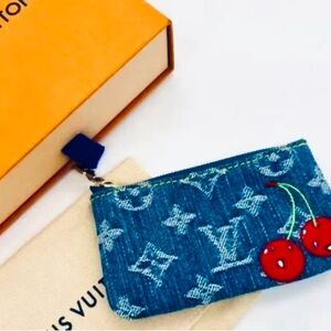 NEW! Denim Monogram Cherry Keychain/pouch bag charm card holder + BOX & Dust Bag